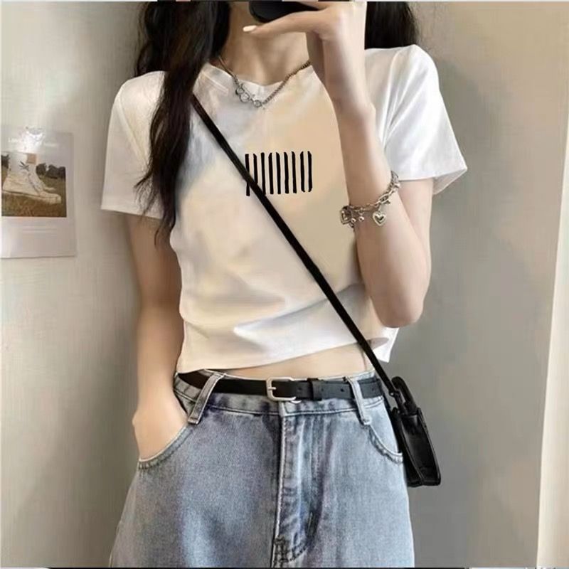 Pure cotton original foreign trade Korean version rear bag collar summer new women's round neck printed slim short T-shirt for women short sleeves