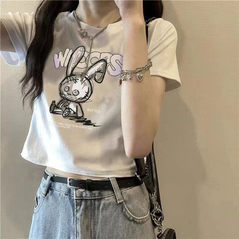 純棉原版外貿韓版後包領夏季新款女裝圓領印花修身短款T恤女短袖