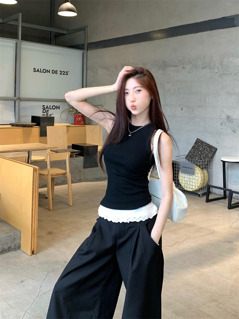 Real shot of spliced ​​waist lace black loose straight casual pants lace hollow vest suit for women