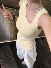 Irregular slit slid shoulder knitted vest for women 2025 summer new slim solid color temperament versatile off-shoulder top
