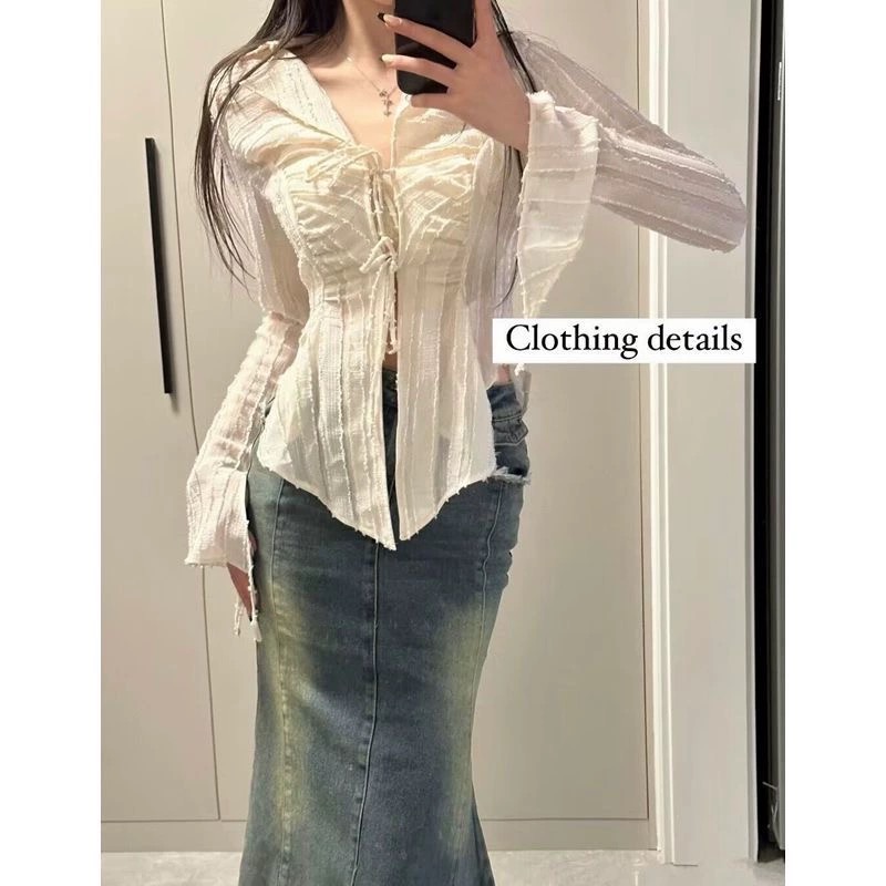 Apricot chiffon sunscreen shirt women's spring and summer slim long-sleeved shirt v-neck irregular design niche top