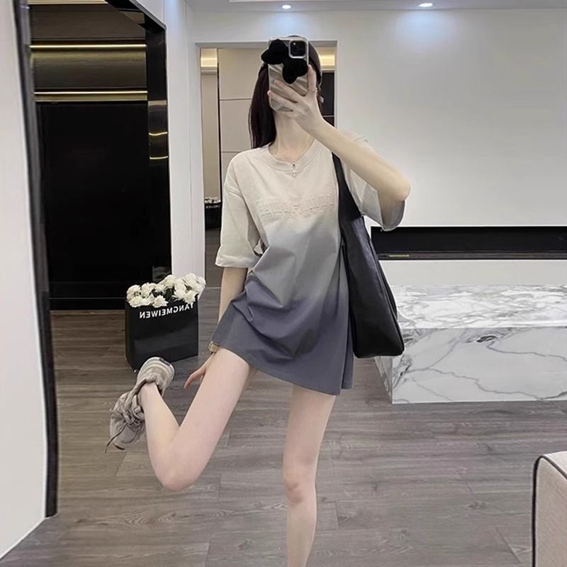 灰色漸變短袖t恤女夏季大碼寬鬆顯瘦遮***上衣胖mm300斤