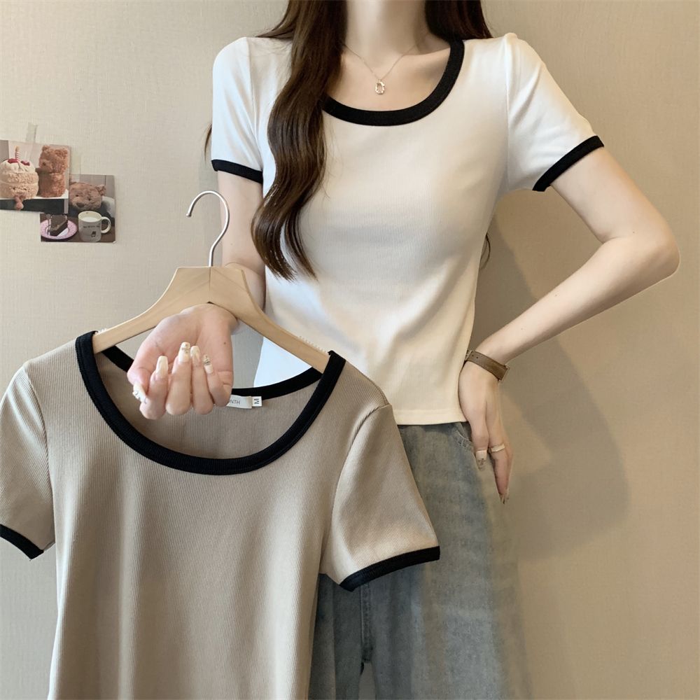 Real photo #40 pure cotton 210g 92 cotton/8 spandex short-sleeved T-shirt for women