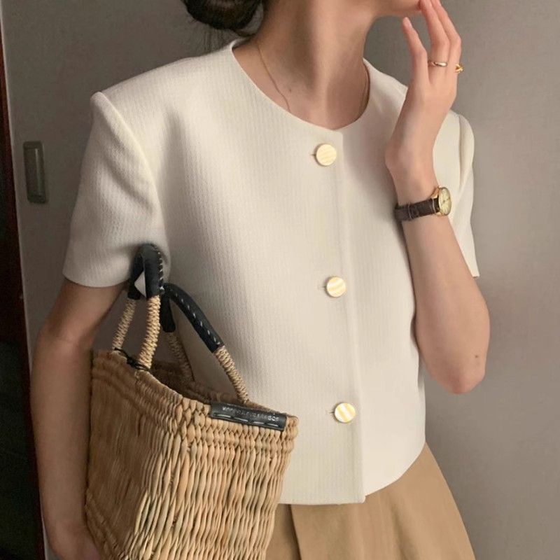 原版面料 小香風圓領短袖上衣時尚百搭短款外套女