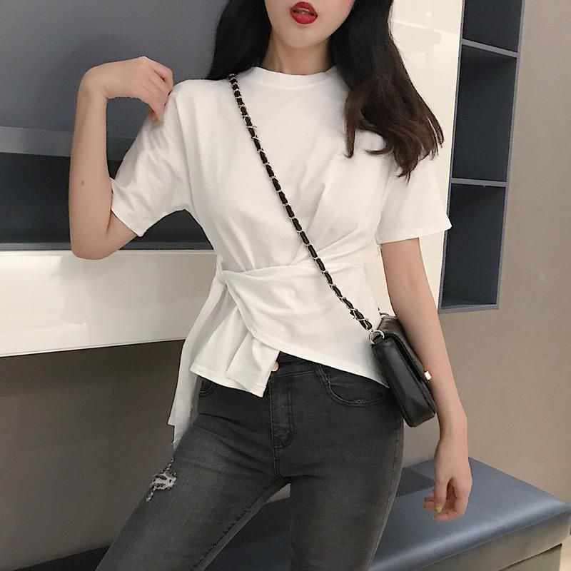 國潮美式不規則短袖T恤女夏美式高級感百搭體恤ins設計感小眾上衣