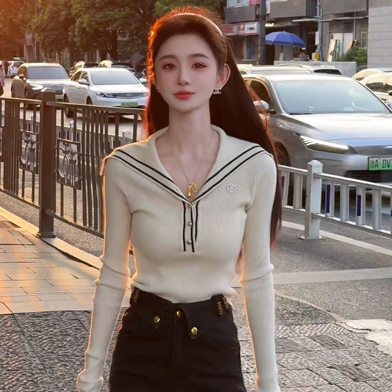 Korean college style navy neck long-sleeved sweater women's temperament casual and fashionable slim fit versatile top