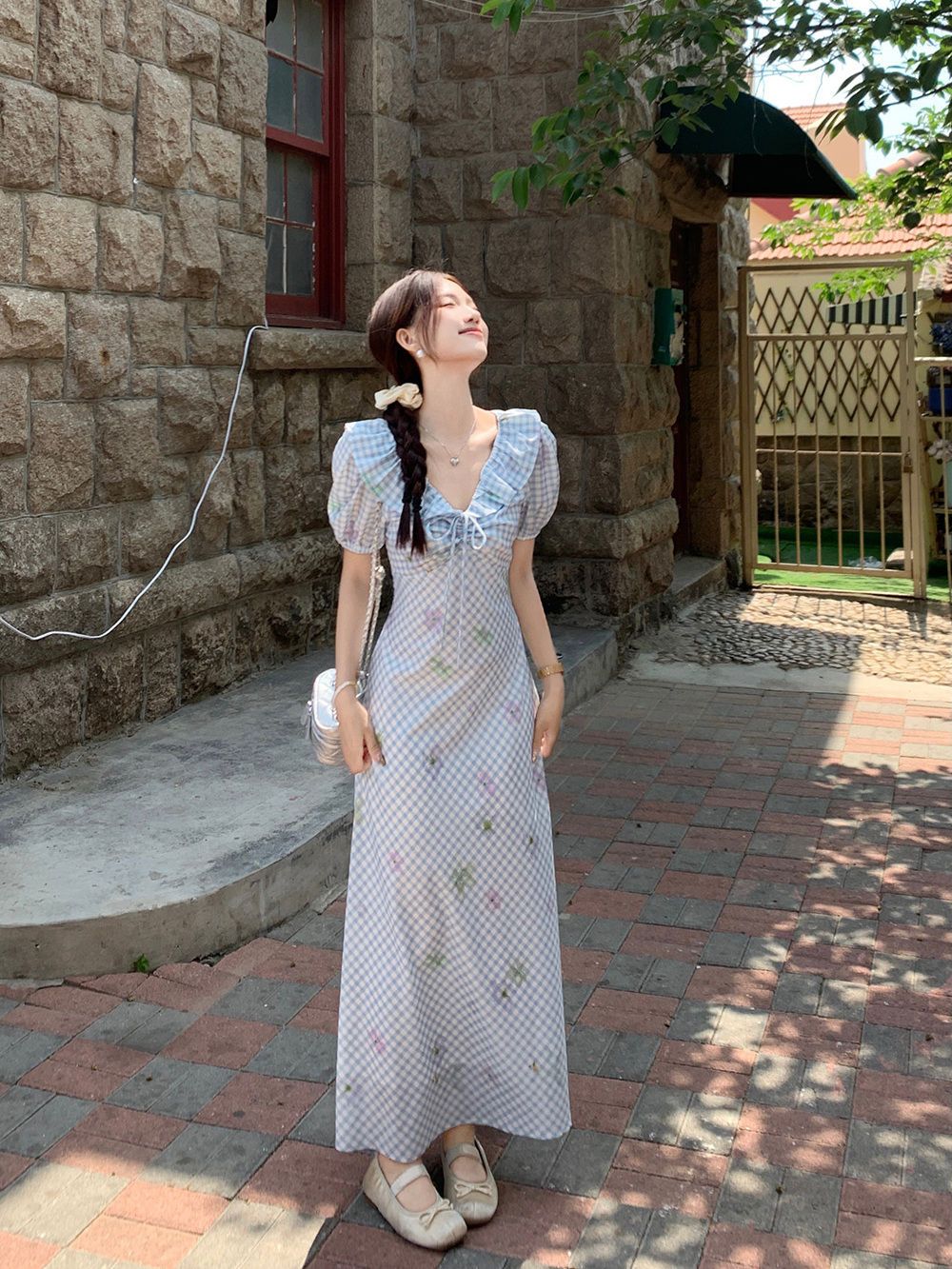 French blue smudged first love dress summer new style waist-hugging to make you look slim and bubble lotus leaf plaid long skirt