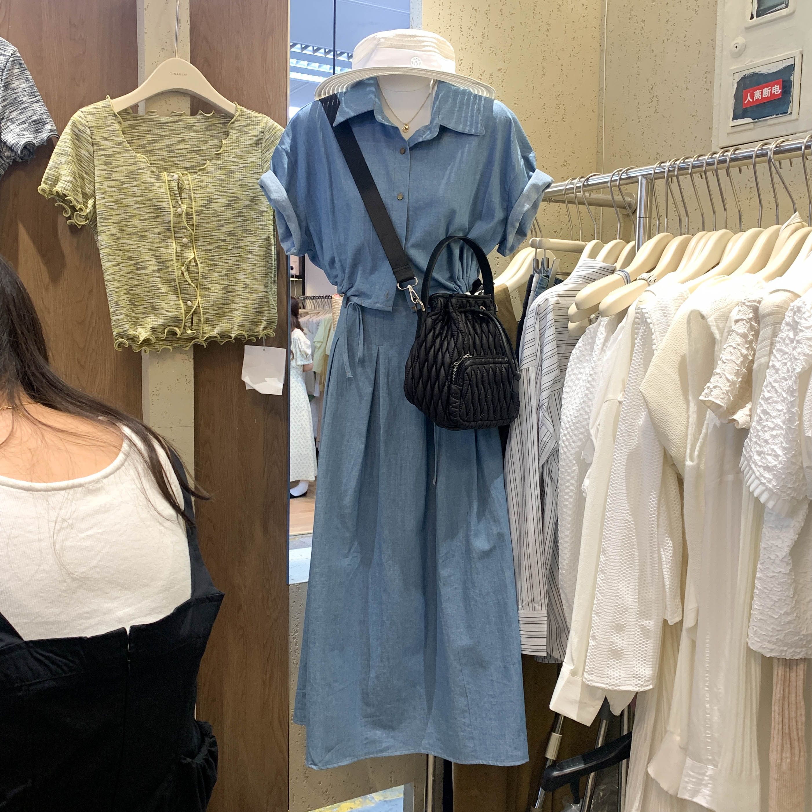 東大門復古抽繩仿牛仔布短袖襯衫女夏季高腰半身裙傘裙兩件套裝潮