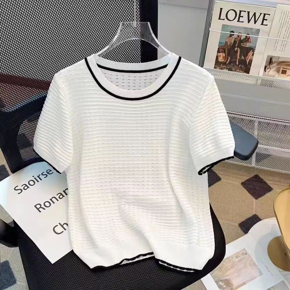 2025 Summer New Chanel-style Color-block Simple Thin Knit Top White Short-sleeve Women