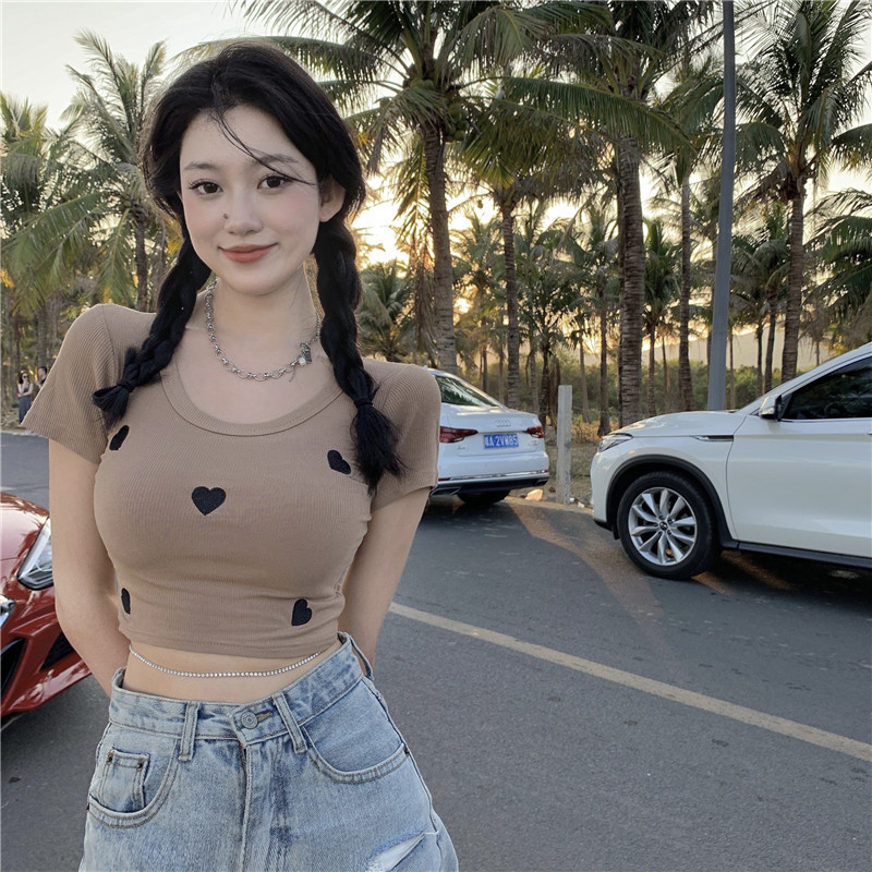 Foreign trade original summer new thread love embroidery short-sleeved T-shirt for women hot girls high waist slim summer short top