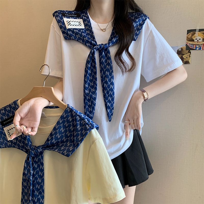 實拍 海軍領大碼短袖T恤女夏季學院風休閒時尚圓領上衣潮