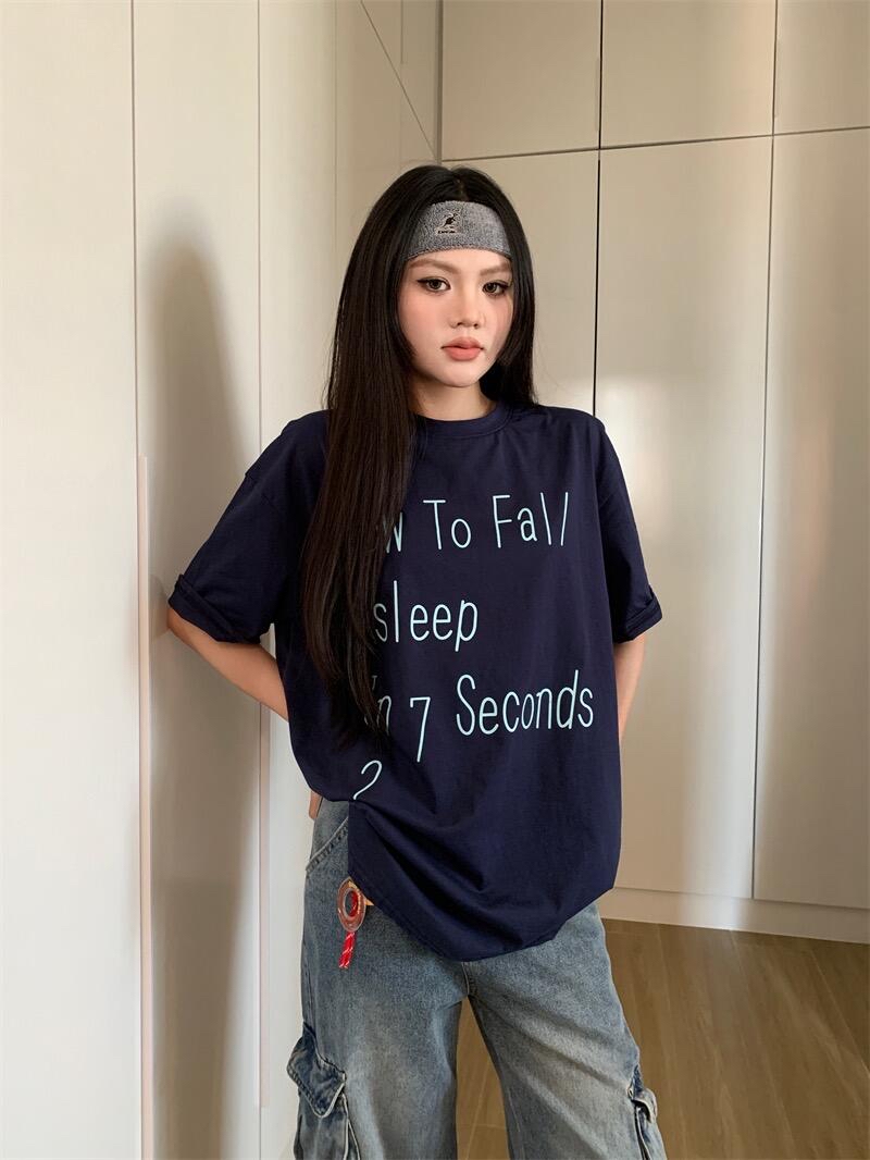 High-quality pure cotton 200g combed tight 100% cotton live broadcast same product front printed loose short-sleeved T-shirt for women