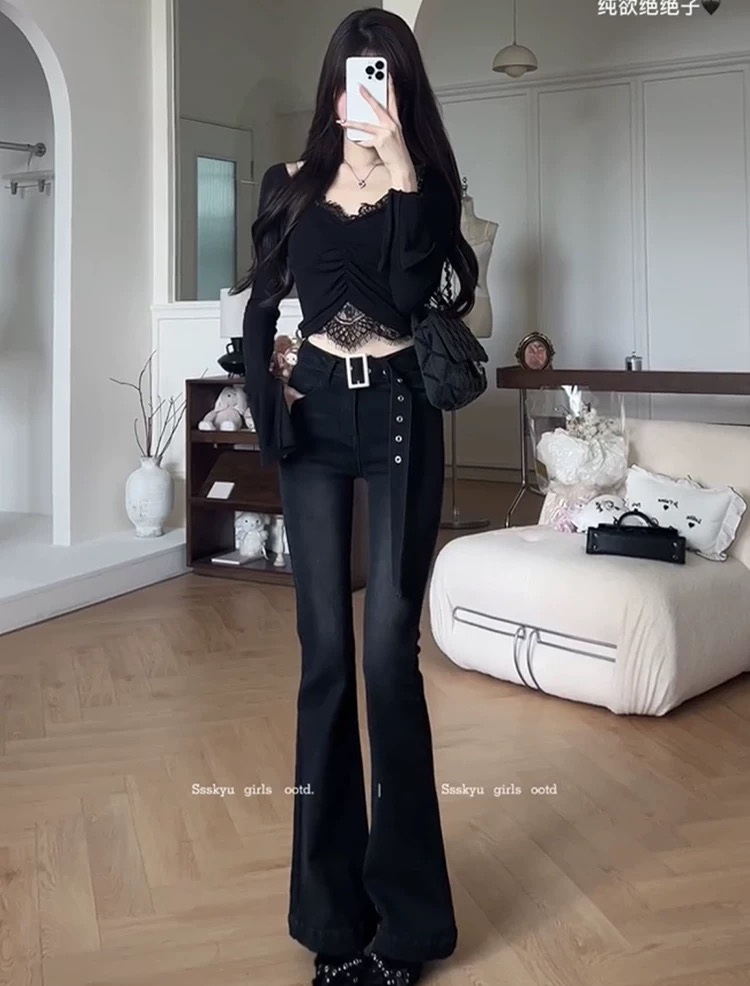 Retro droopy trousers slim bell-bottom jeans spring women's straight-leg pants floor-sliding pants black high-waist pants