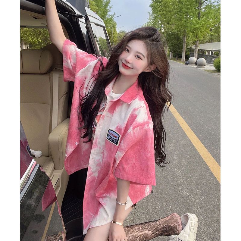 美式復古扎染潮牌夏季短袖襯衫女寬鬆襯衣設計感上衣