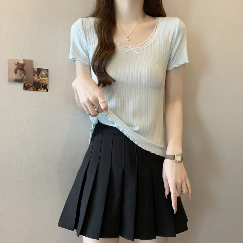 Real photos of pure and sweet hot girl lace bm short-sleeved T-shirt for women in summer base shirt slim fit inside short beautiful top