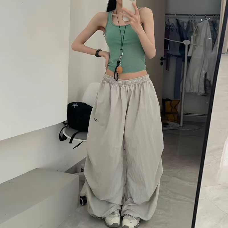 復古工裝褲女春秋新款高腰闊腿寬鬆休閒降落傘兵直筒褲銀灰色美式