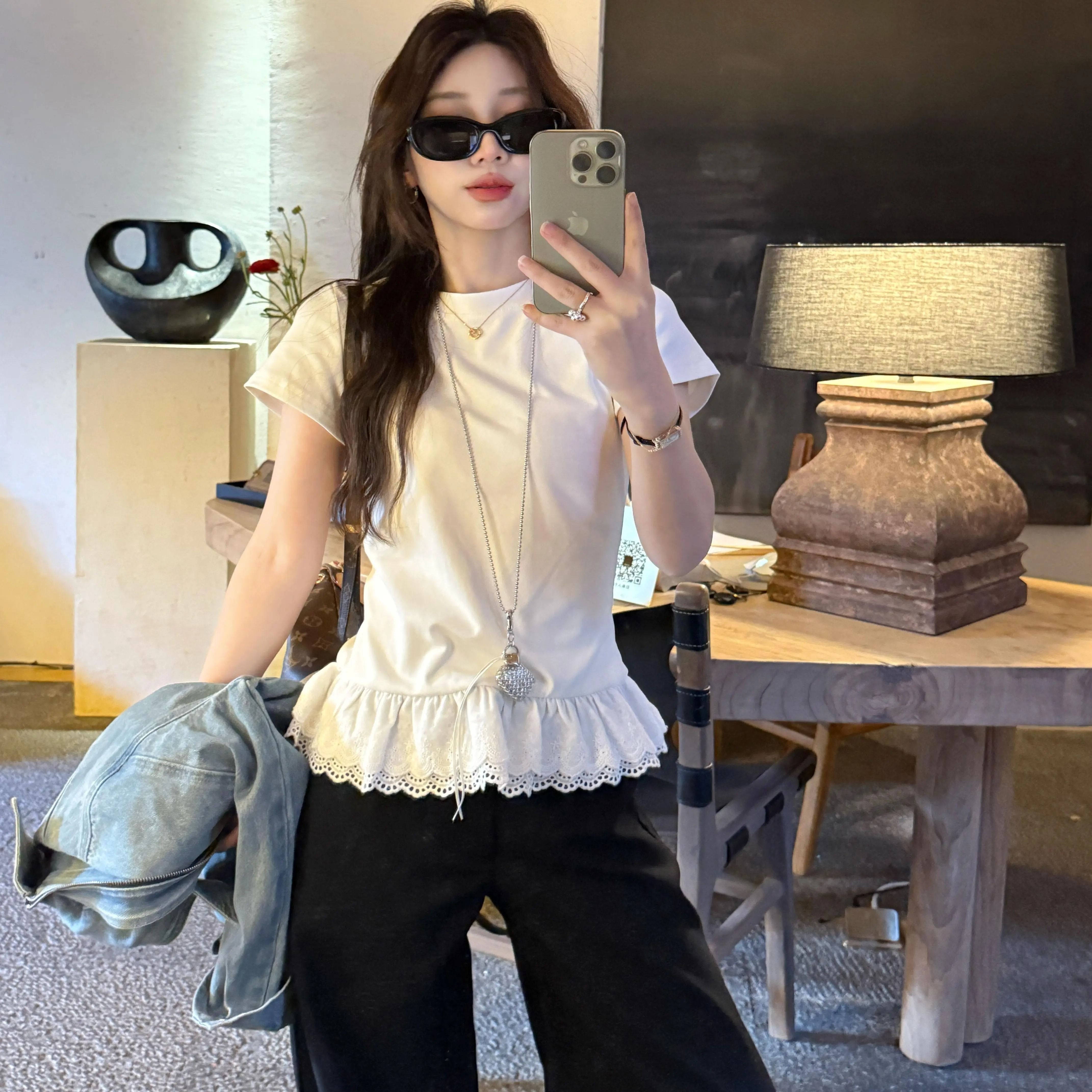 Foreign trade original summer new Korean version three-color hem splicing slim T-shirt for women round neck versatile slim top