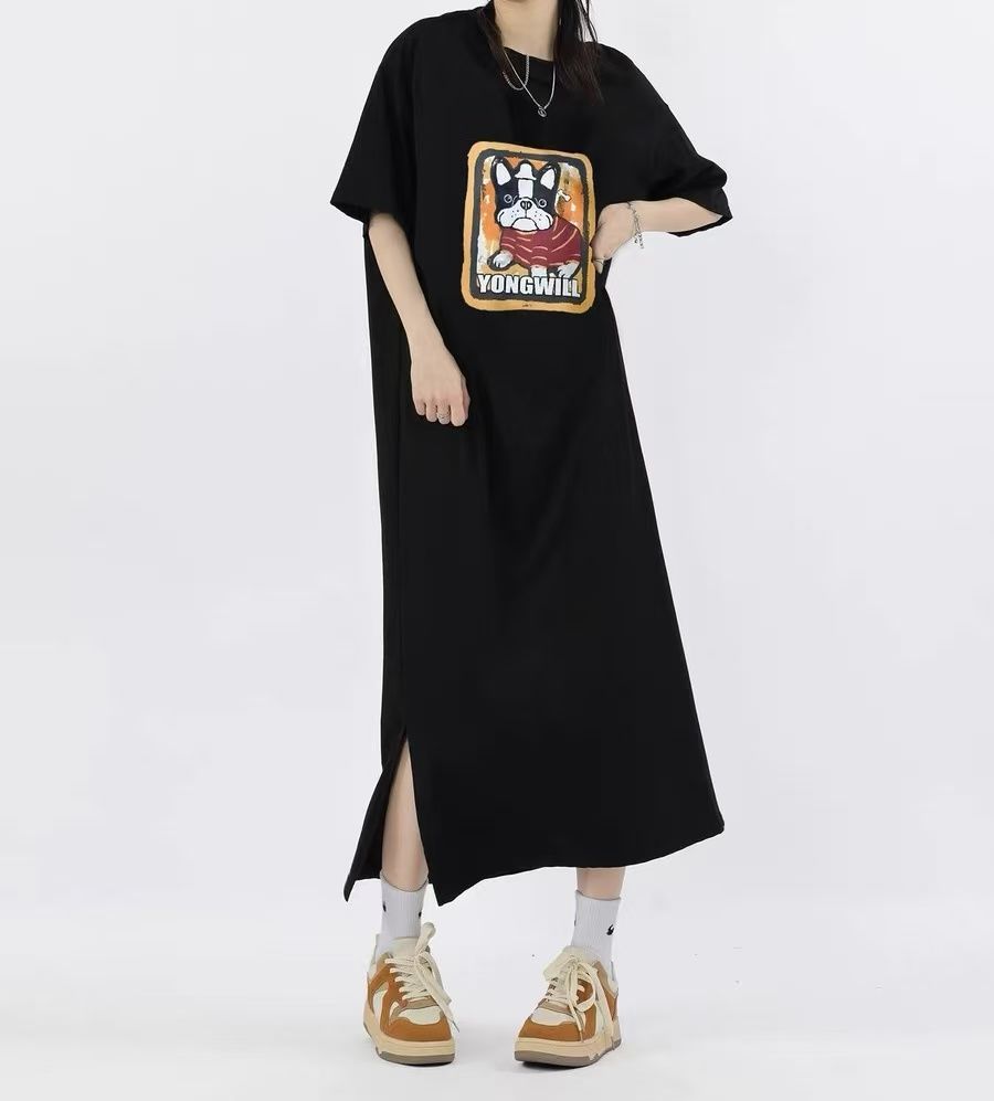 仿棉牛奶絲# 韓系夏季新款開叉印花T恤連衣裙女寬鬆顯瘦短袖裙子