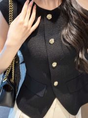 襯衫女夏款2025新款法式黑色無袖短款上衣設計感小眾夏裝