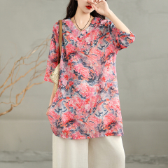 實拍 夏季新款苧麻印花復古休閒襯衫寬鬆V領中長款文藝襯衫裙