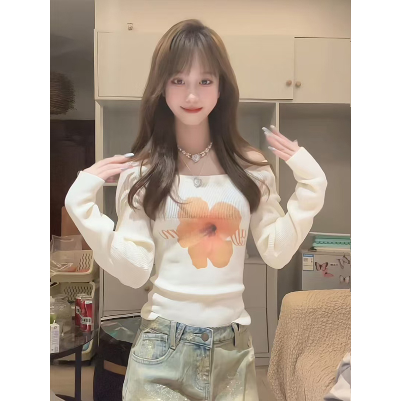 Pure desire style one-length neck long-sleeved T-shirt for women in spring and autumn new American printed slim fit and off-shoulder base knitted sweater