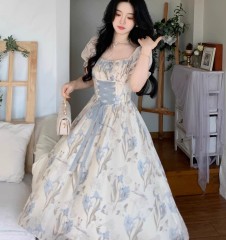 Dream iris temperament romantic printed lace waist-closing and slim square collar long dress 2025 summer new style