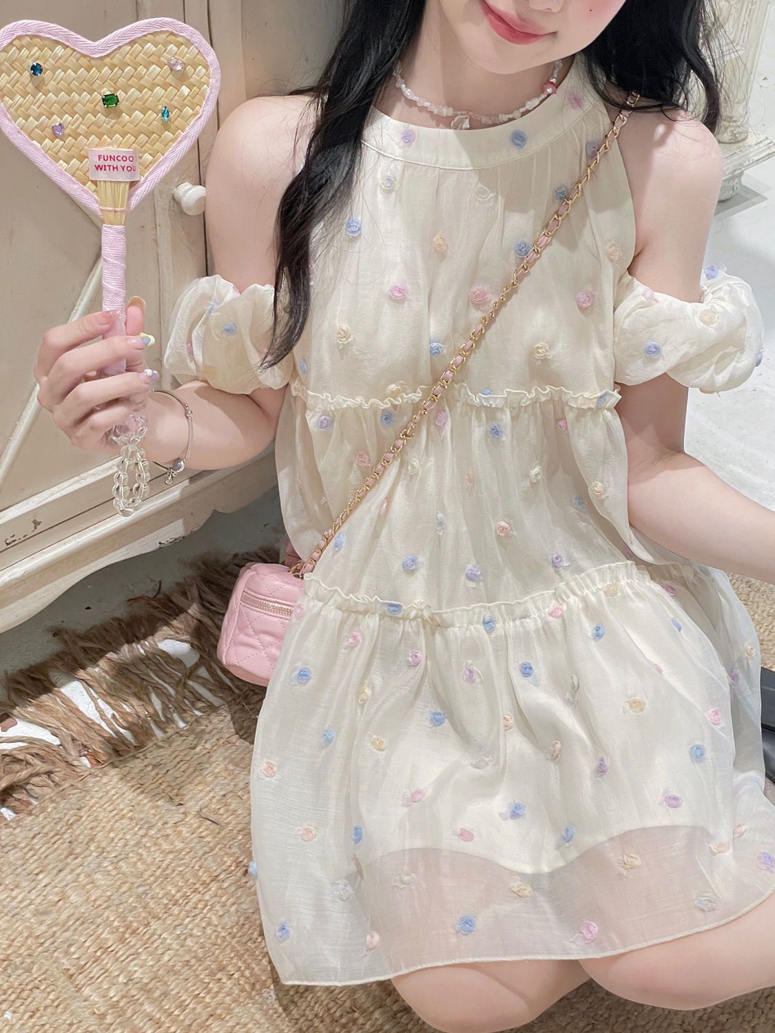 Sweet girly loose slim polka dot color three-dimensional flower fluffy dress for small children new summer style