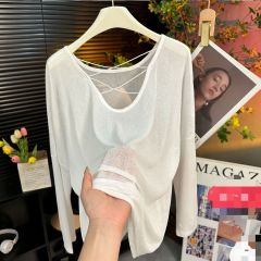 2025 summer backless hollow slightly transparent sunscreen clothes blouse design loose and thin long-sleeved T-shirt top