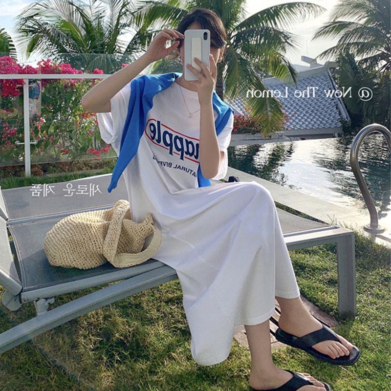 短袖t恤女夏季韓版ins潮慵懶風寬鬆顯瘦中長款開叉連衣裙