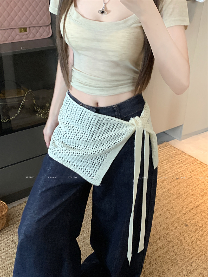 Real shot 2025 new solid color fashionable and versatile hollow knitted skirt for women lace-up ass curtain