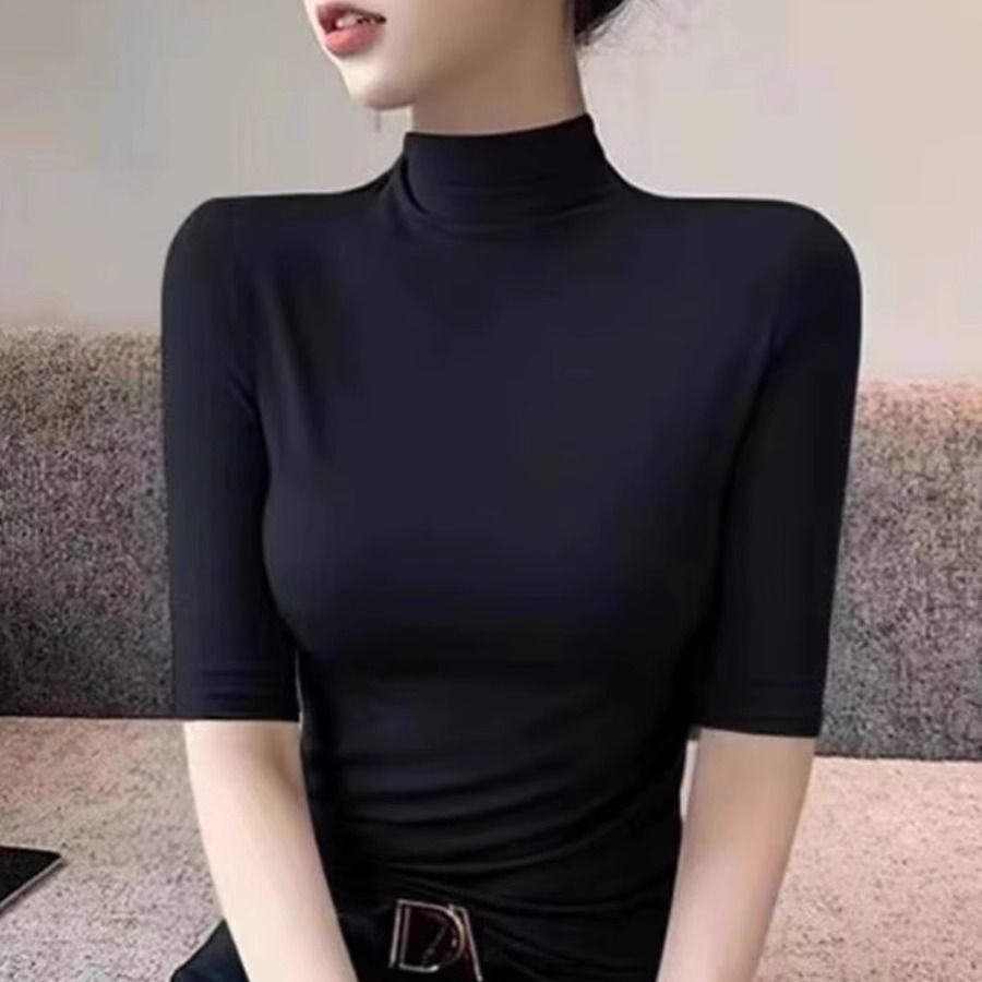 ~大碼人棉五分袖T恤女士春秋螺紋中袖體恤修身內搭打底衫上衣