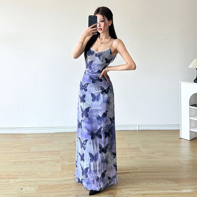Coffee break French butterfly floral suspender dress for women in summer 2025 new seaside vacation high-end long skirt
