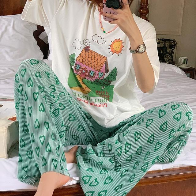Korean foreign trade Korean version large-size women's green love printed casual pants for women new high waist pleated straight pants
