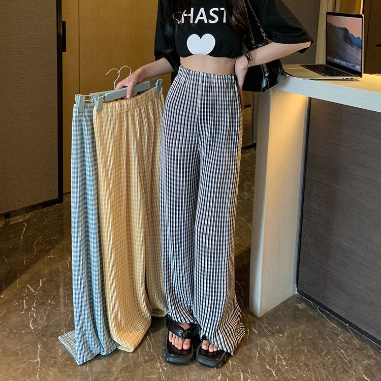Korean foreign trade large size women's plaid wide-leg pants for women's high waist drooping floor pants versatile loose casual straight pants