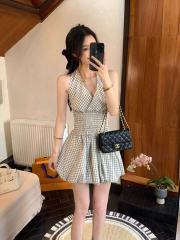 2025春夏新款無袖格子連衣裙小香風短裙子公主裙法式辣妹背心裙子