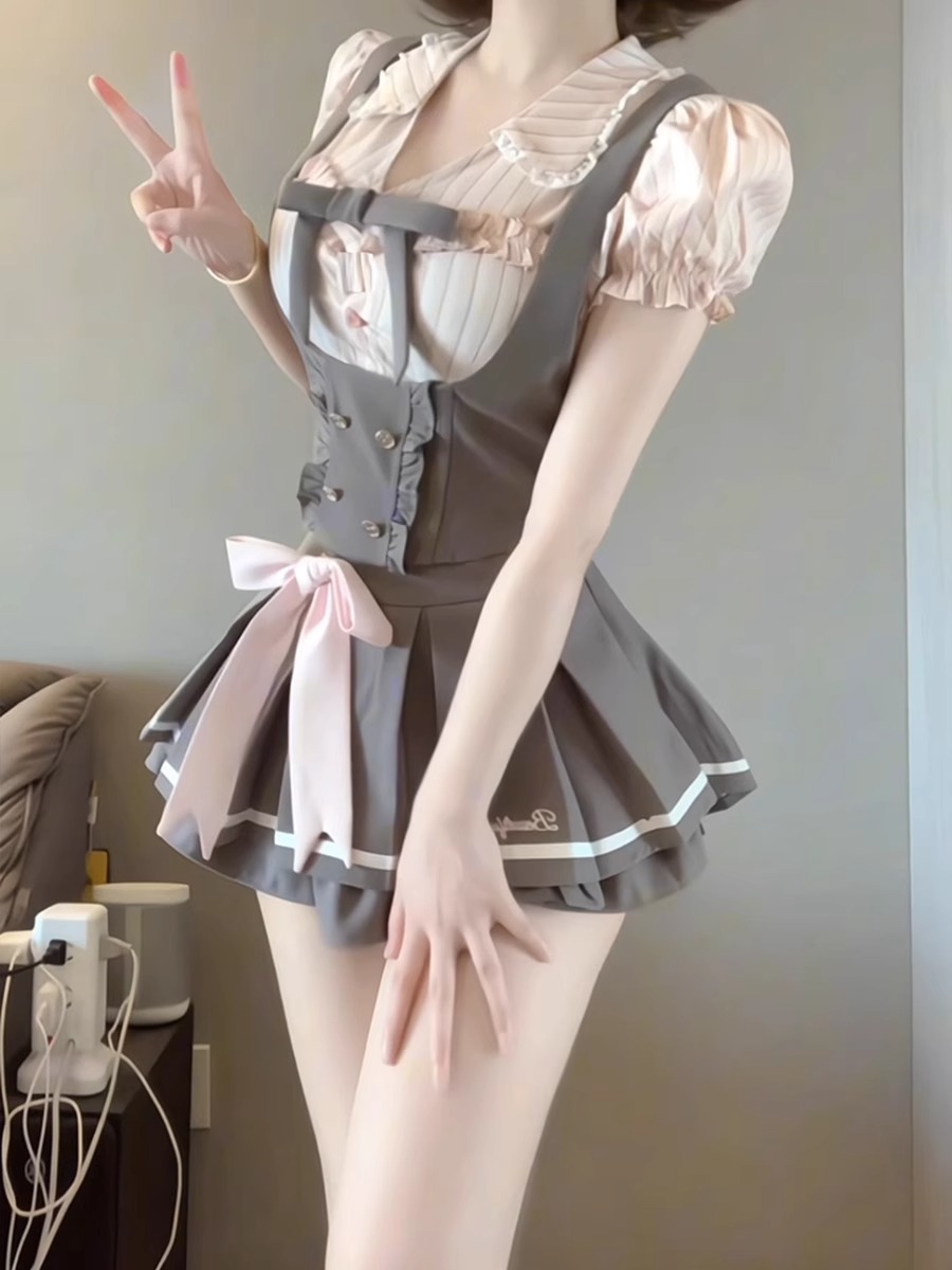 Korean college style jk uniform cute girl age-reducing pink striped top vest puffy skirt suit skirt women