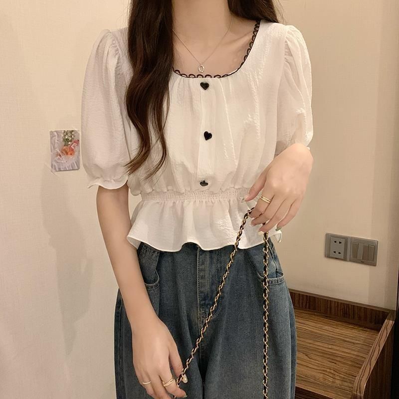 夏季甜美方領雪紡衫女新款溫柔風小眾設計感白色短款上衣夏款