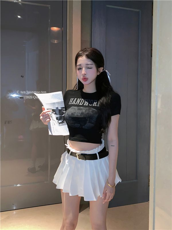 Pure cotton original foreign trade Korean version rear bag collar summer new women's round neck printed slim short T-shirt for women short sleeves