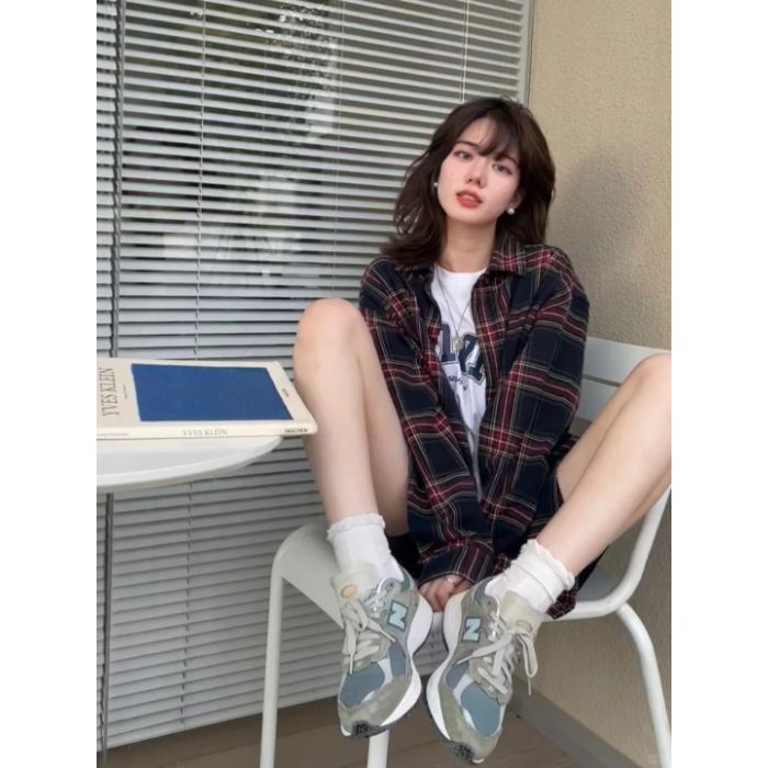 美式小眾復古格子襯衫女潮牌ins寬鬆春秋季港味襯衣學生上衣外套