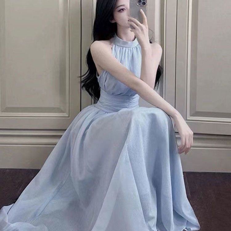 Double-layered lining French gentle temperament sweet slim waist-hugging new sleeveless dress
