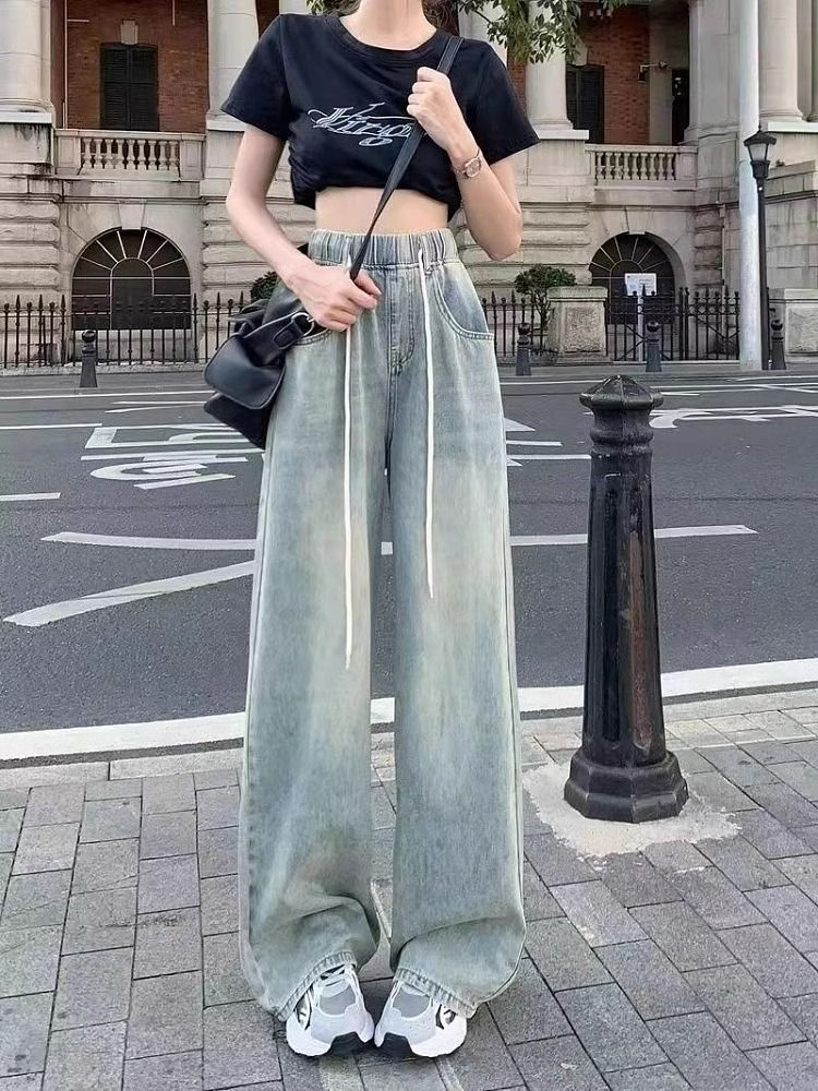 鬆緊抽繩寬鬆闊腿牛仔褲女秋季2025新款小個子復古高腰顯瘦拖地褲