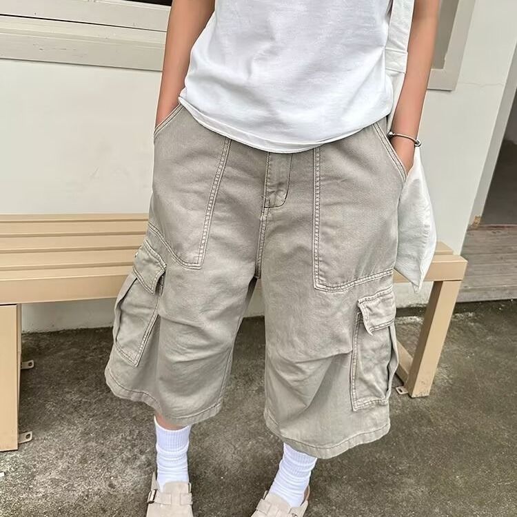 卡其色工裝七分褲夏季薄款美式寬鬆直筒短褲潮牌闊腿過膝休閒褲