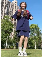 學院風休閒運動服套裝女夏季少女感寬鬆短袖短褲跑步兩件套