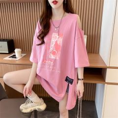 實拍~質量/純棉/後包領/中長款寬鬆重工露肩開叉T恤女夏