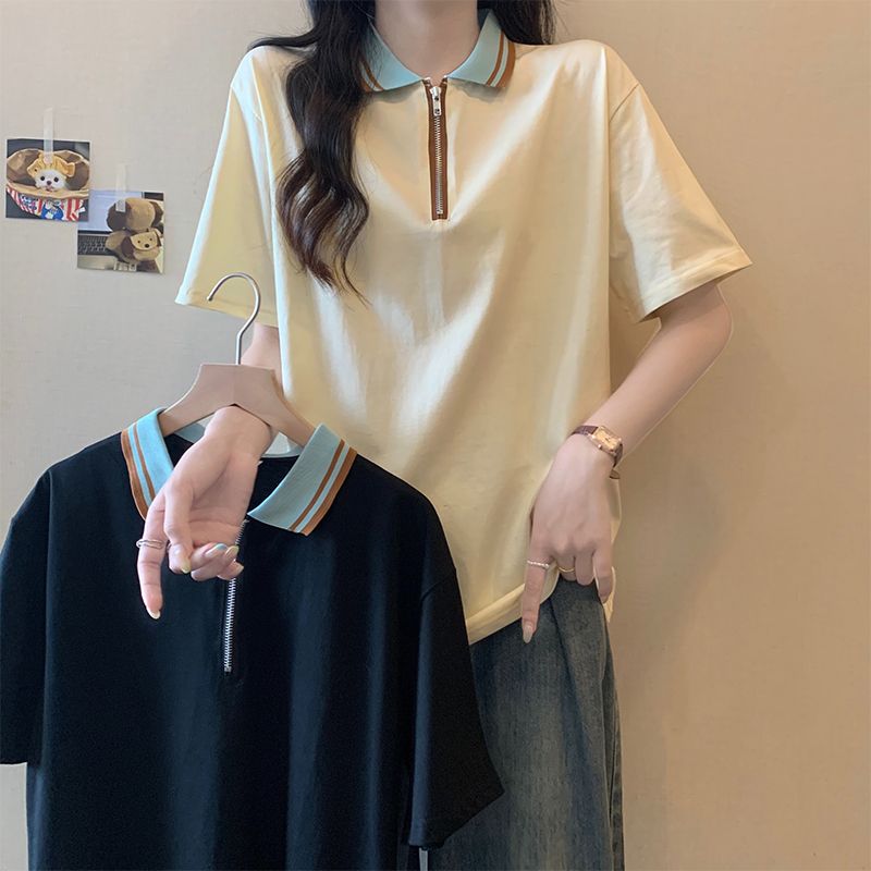 實拍 黑色正肩短袖t恤女夏季新款休閒polo衫女寬鬆體恤上衣女