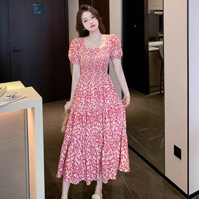 Original workmanship large size women's summer new style slightly fat and slim tea break French sweet puff sleeve floral dress