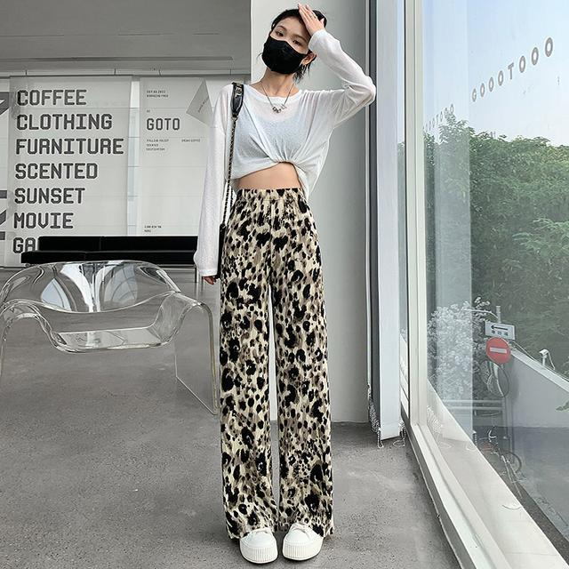 Foreign trade large size women's leopard print wrinkled wide-leg pants for women's thin style versatile trendy tie-dye high waist straight pants loose