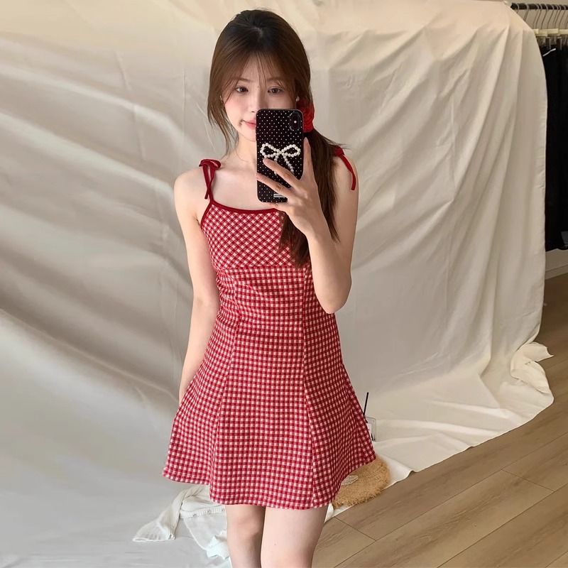 Foreign trade red plaid suspender dress for women in summer small waist slim new short sweet A-line skirt