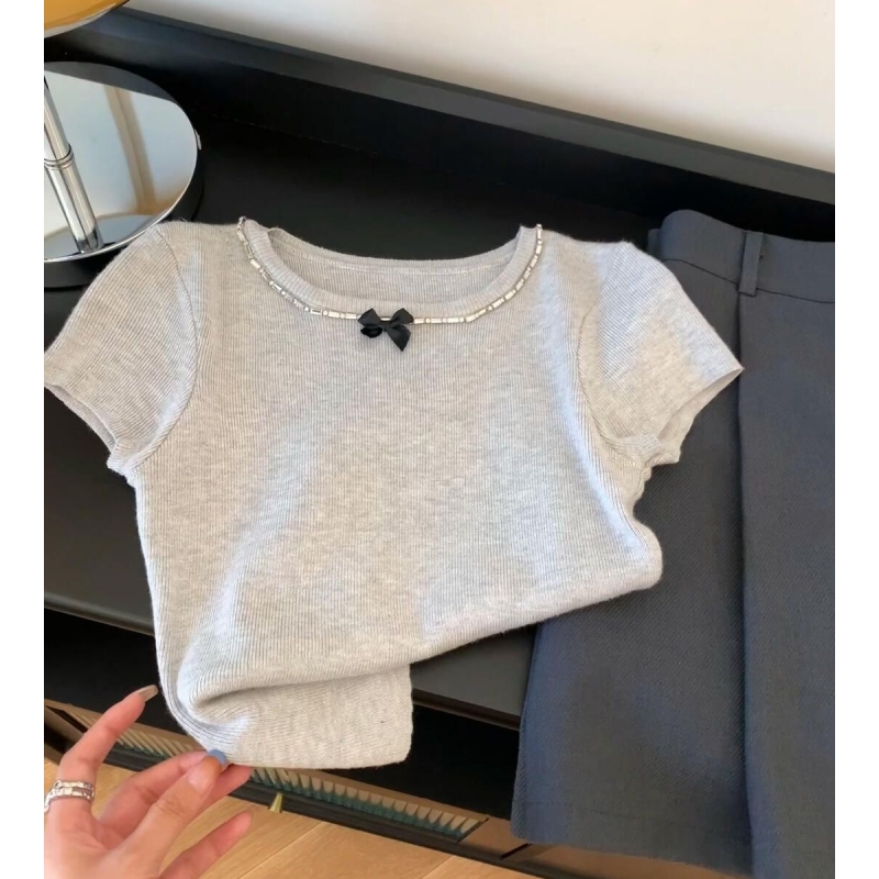 2025 summer new style gray bow flying sleeves versatile knitted T-shirt for women sweet style slim short top