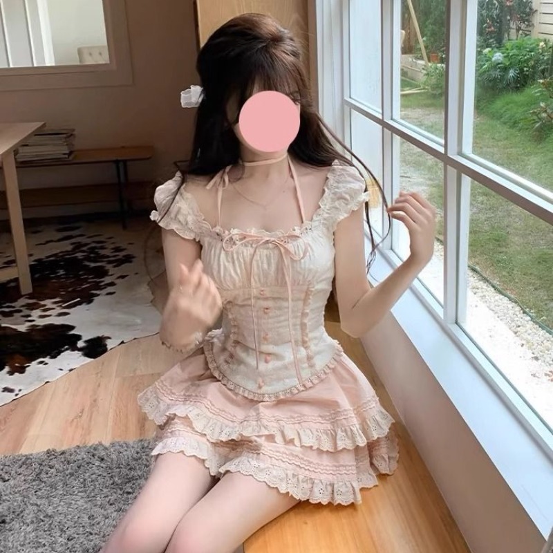 French sweet lace slim body suit women's summer gentle pure desire suit skirt puffy half-body skirt two-piece suit